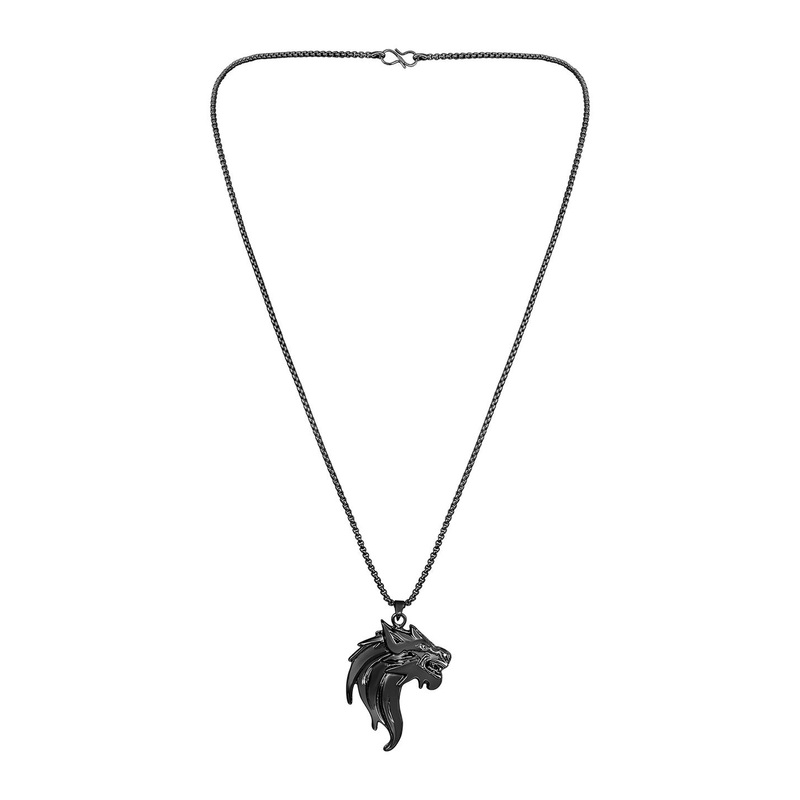 Mahi Black Wolf-Shaped Pendant Necklace with Chain