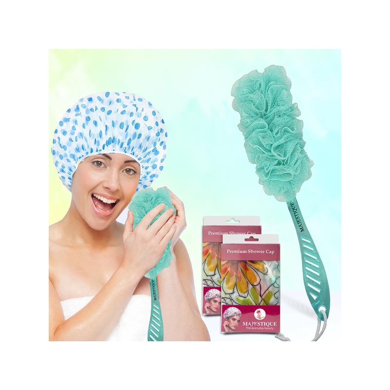 MAJESTIQUE Set of 3  Shower Cap For Women With Long Handle Bath Loofah