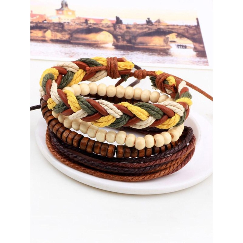 The Roadster Lifestyle Co. Men Set Of 4 Artificial Beaded Wraparound Leather Bracelets