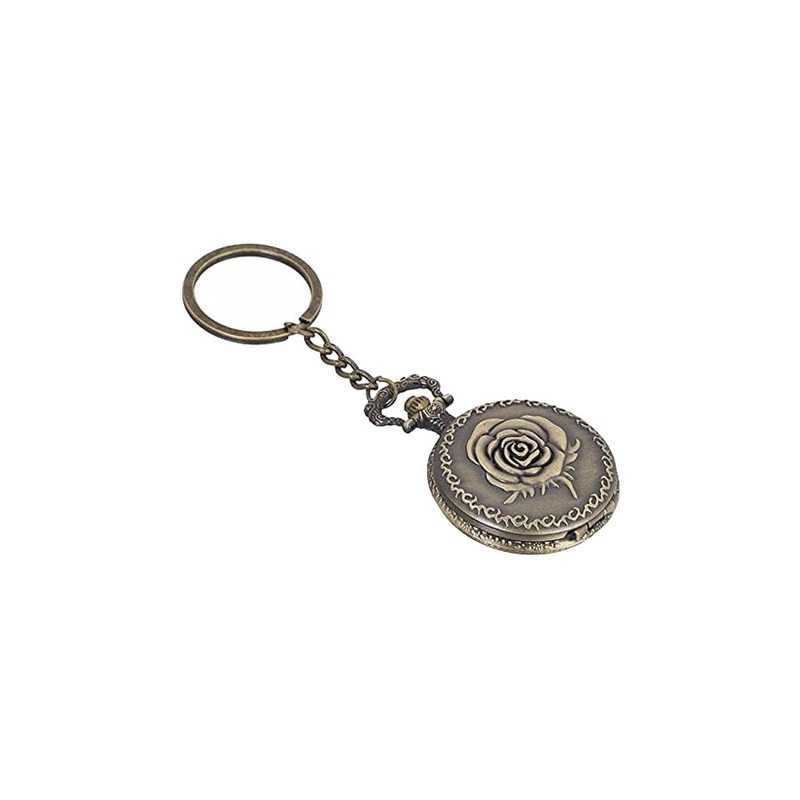 AUGEN Rose Design Retro Vintage Pocket Watch Key Chain With Key Ring