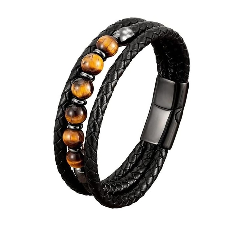 EDMIRIA Unisex Tiger Eye Black Leather Bracelet