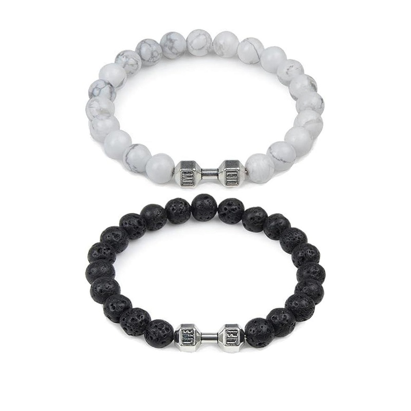 EDMIRIA White Couple Distance Dumbbell Ceramic Artificial Beads Elasticated Bracelet