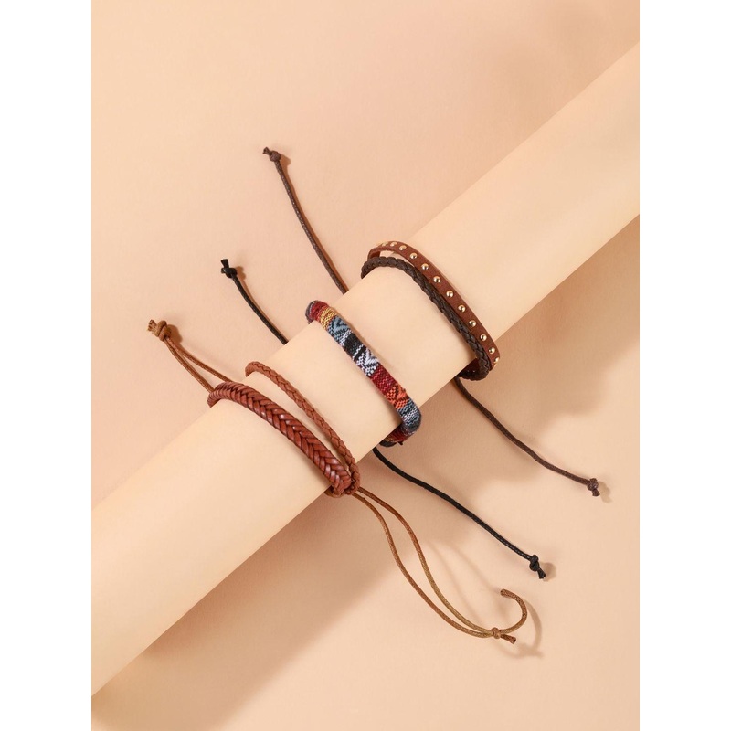 KPOP Men Set Of 3 Leather Wraparound Drawstring Bracelet