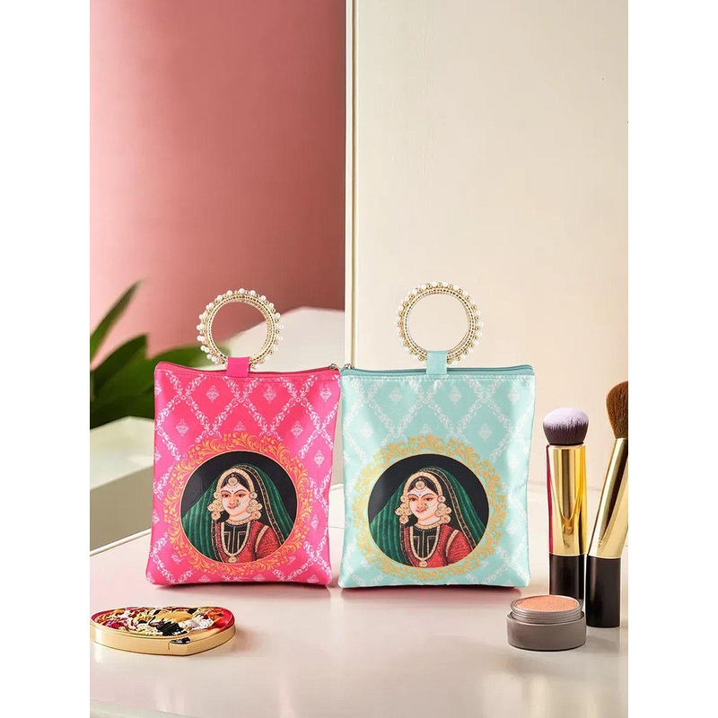 Kuber Industries 2 Pieces Maharani Printed Silk Zip & Handle Clutches