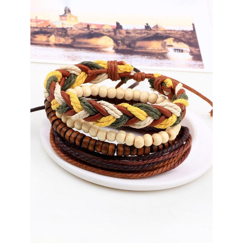 MEENAZ Men Set Of 4 Artificial Beaded Multistrand Leather Bracelet