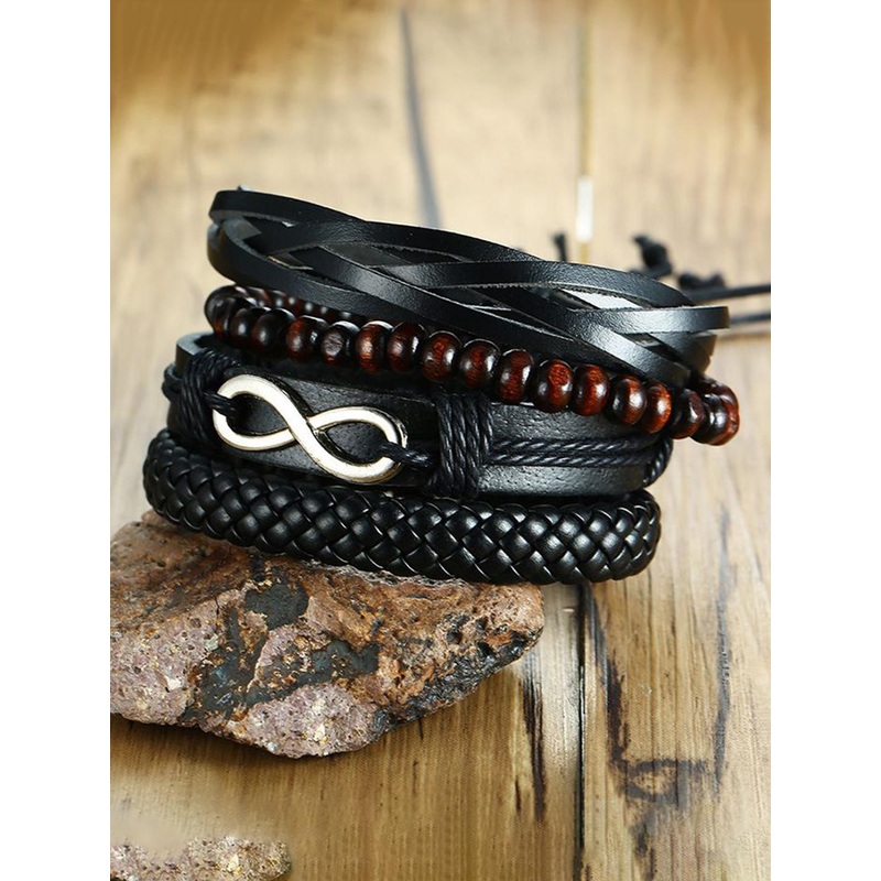 MEENAZ Men Set Of 4 Multistrand Leather Tribal Bracelet