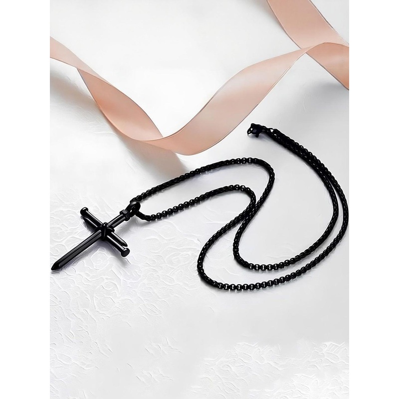 Roadster Men Black Stainless Steel Cross Nail Pendants with Chains