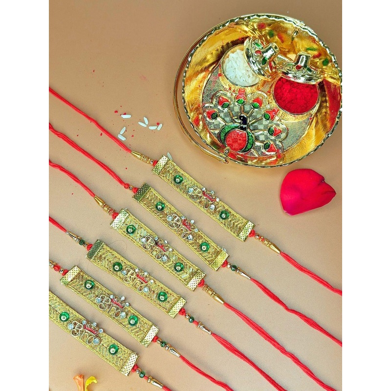 Anouk Set Of 6 Stones Studded And Beaded BRO Thread Rakhis With Card & Pooja Thali