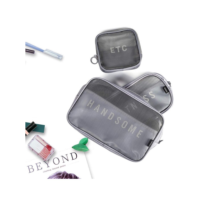 HOUSE OF QUIRK Set Of 3 Grey Printed Makeup Organiser