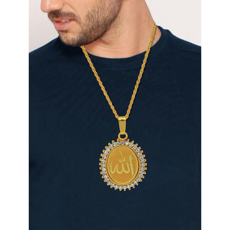 MEMOIR Unisex Gold-Plated Cubic Zirconia Allah Word Embossed Oval Pendant