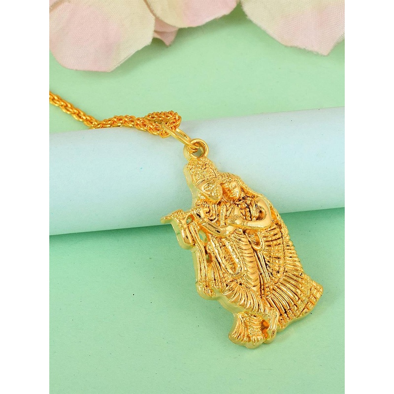 MEMOIR Unisex Gold Plated Radha Krishna Charm Pendant With Chain