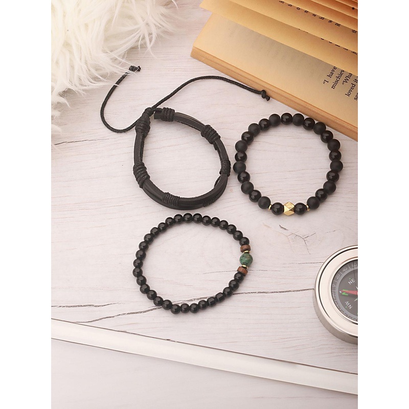 The Roadster Lifestyle Co Men Set Of 3 Beaded Elasticated & Leather Wraparound Bracelet