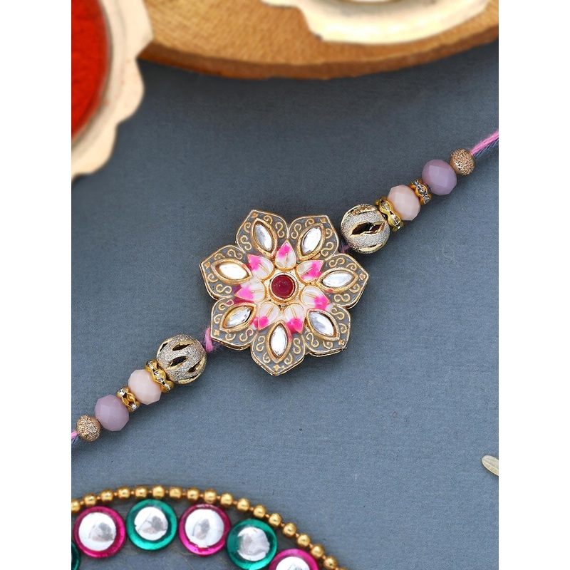 Voylla Meenakari Kundan Embellished Pink Floral Enamel Work Rakhi