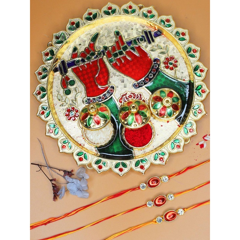 Anouk Set Of 3 Red Stone Rakhi With Funny Card & Pooja Thali