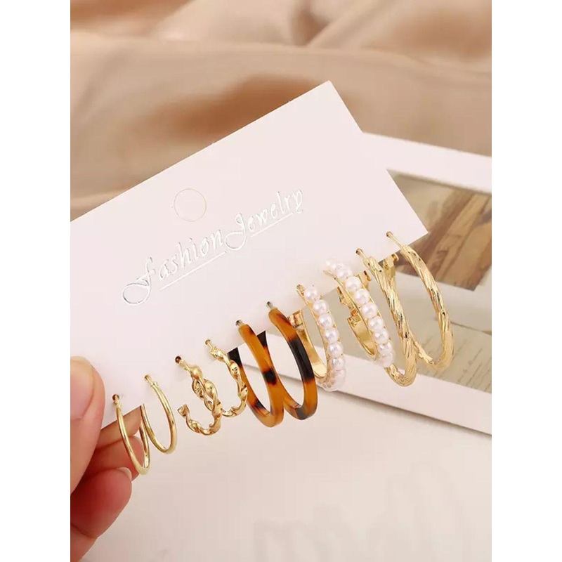 Pinapes Set Of 10 Gold-Plated Contemporary Beaded Oxidised Drop Earrings