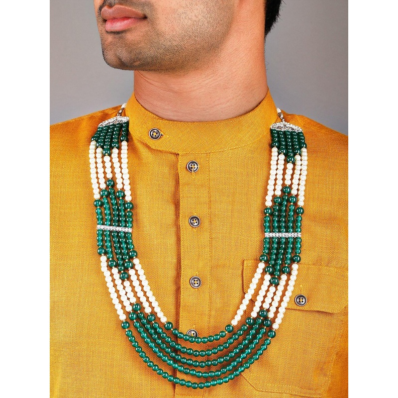 Rubans Men White & Green Beaded Layered Necklace