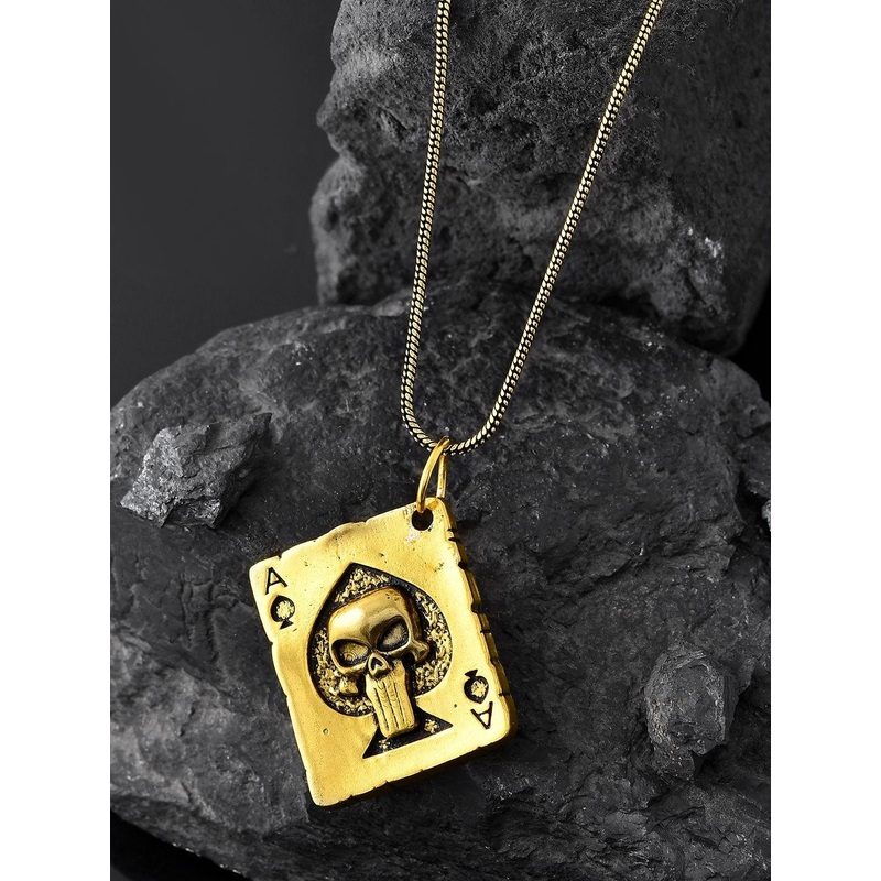 Voylla Men Gold-Plated Statement Ace Skull Quirky Shaped Oxidised Pendant With Chain