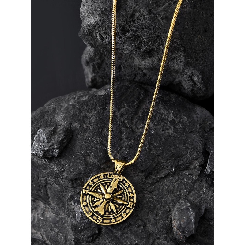 Voylla Men Gold-Plated Statement Compass Oxidised Pendant With Chain