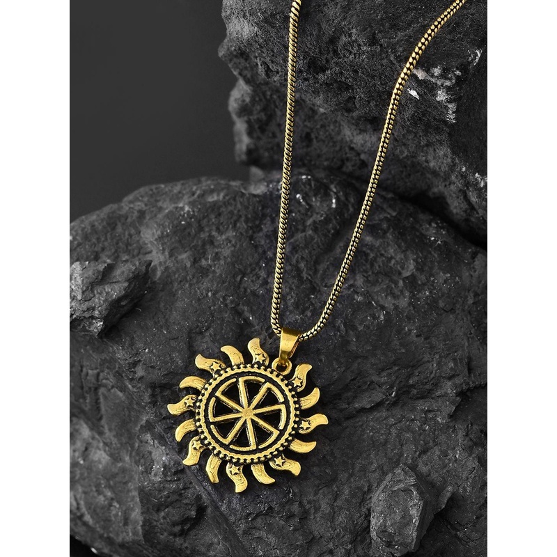 Voylla Men Gold-Plated Statement Solar Wheel Oxidised Pendant With Chain