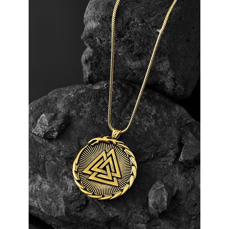 Voylla Men Gold-Plated Statement Valknut Sunburst Quirky Oxidised Pendant With Chain