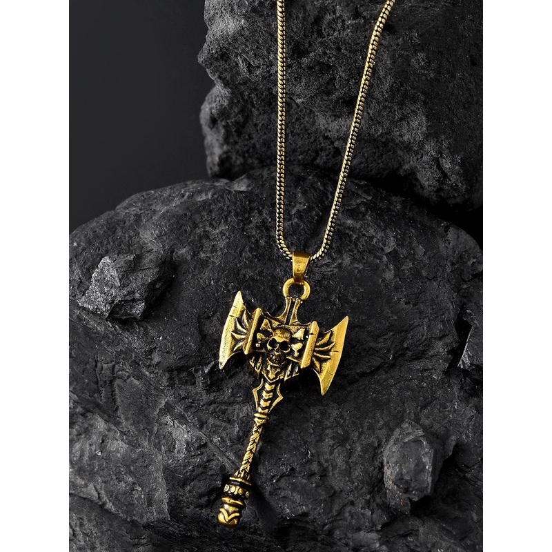 Voylla Men Gold-Plated Statement Warrior Axe Oxidised Pendant With Chain