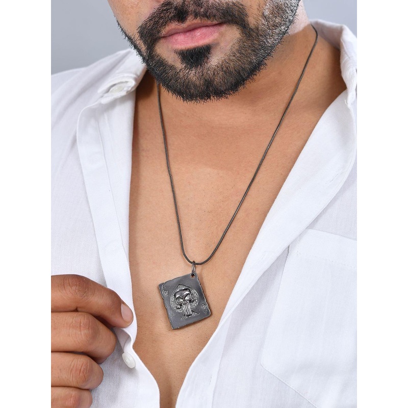 Voylla Men Rhodium-Plated Eclipse Ace Skull Quirky Pendant With Chain
