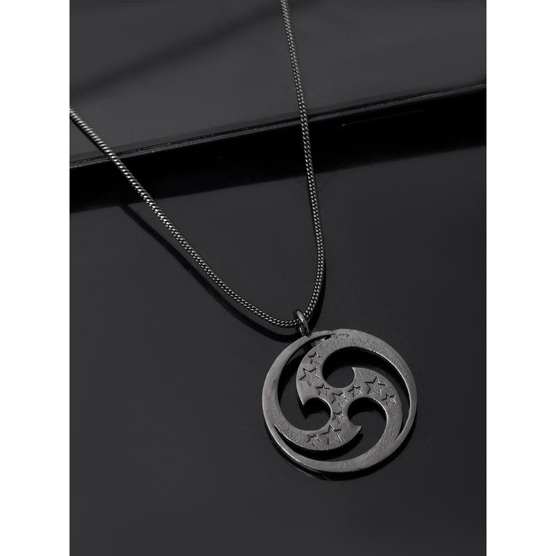 Voylla Men Rhodium-Plated Eclipse Cosmic Swirl Star Circular Pendant With Chain