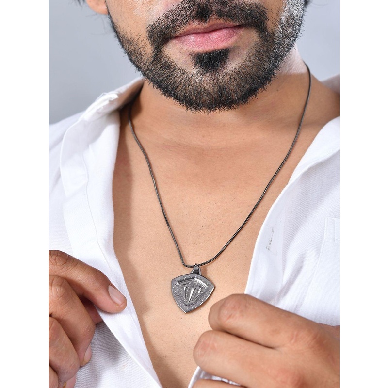 Voylla Men Rhodium-Plated Eclipse Trishul Pendant With Chain