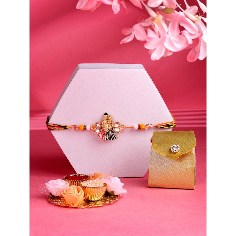 ADIVA Set Of 4 Kundan-Studded & Beaded Radha Krishna Rakhi Gift Set