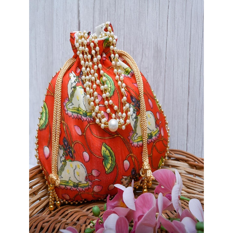 Kuber Industries Set of 4 Printed Embellished Detail Potli Clutches