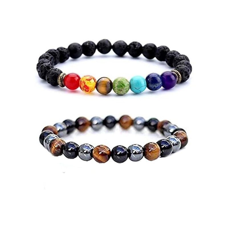 Lovemi Movements Unisex Set Of 2 7 Chakra Tiger Eye Hematite Beaded Elasticated Bracelets