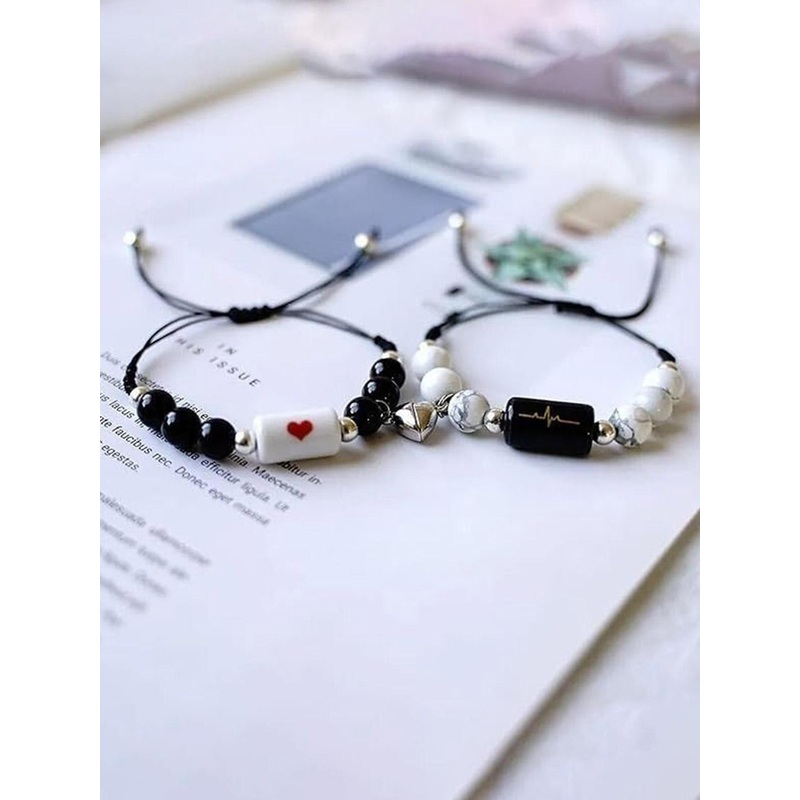Lovemi Movements Unisex Set Of 2 Heart & Heartbeat Artificial Beaded Charm Bracelets