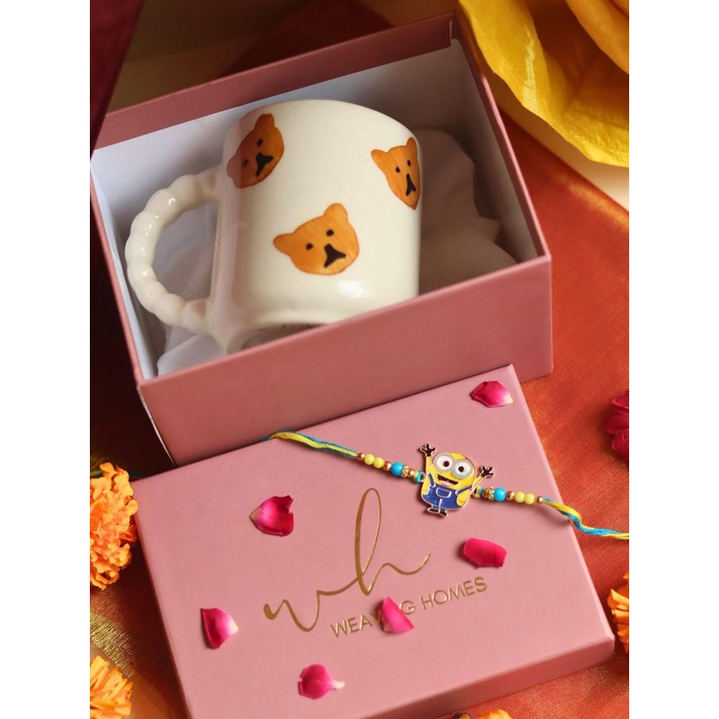 WEAVING HOMES Set of 2 Beaded Thread Rakhi With Teddy Bear Coffee Mug