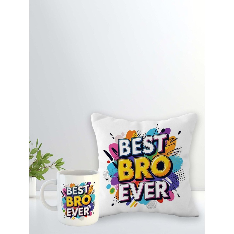 ARTBUG Stones-Studded & Beaded Rakhi With Roli Rice & Mug Cushion