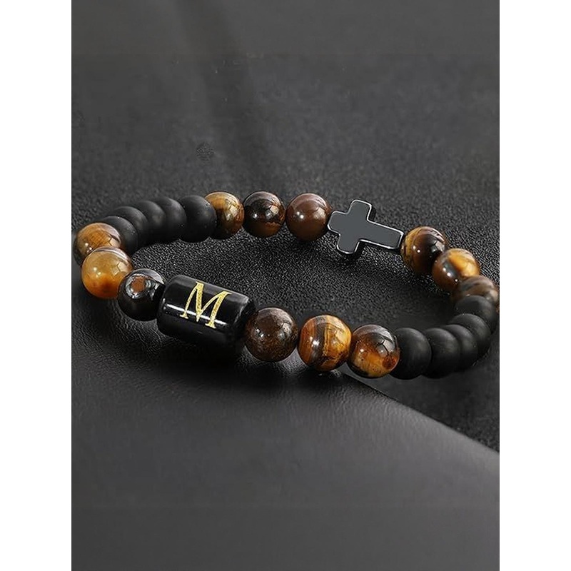 EDMIRIA Unisex Tigers Eye Cross Ceramic Artificial Beads Elasticated Bracelet
