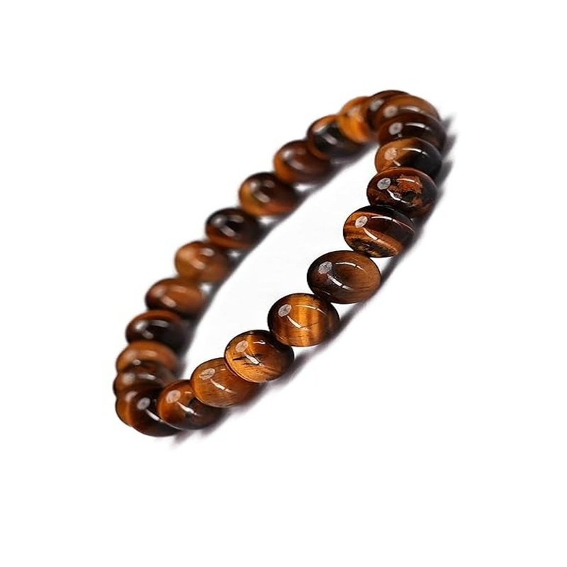 EPSAA Unisex Brown Tigers Eye Beaded Metal Elasticated Slip On Bracelet