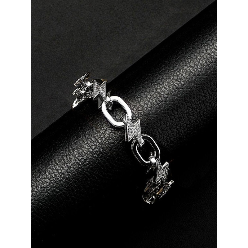 KRENOZ Men Stainless Steel Rhinestones Studded Link Bracelet