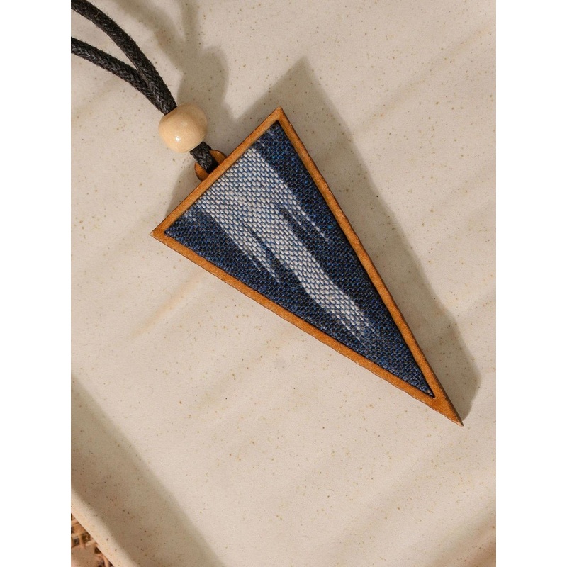 WHE Unisex Blue Repurposed Fabric and Wood Triangular Pendant