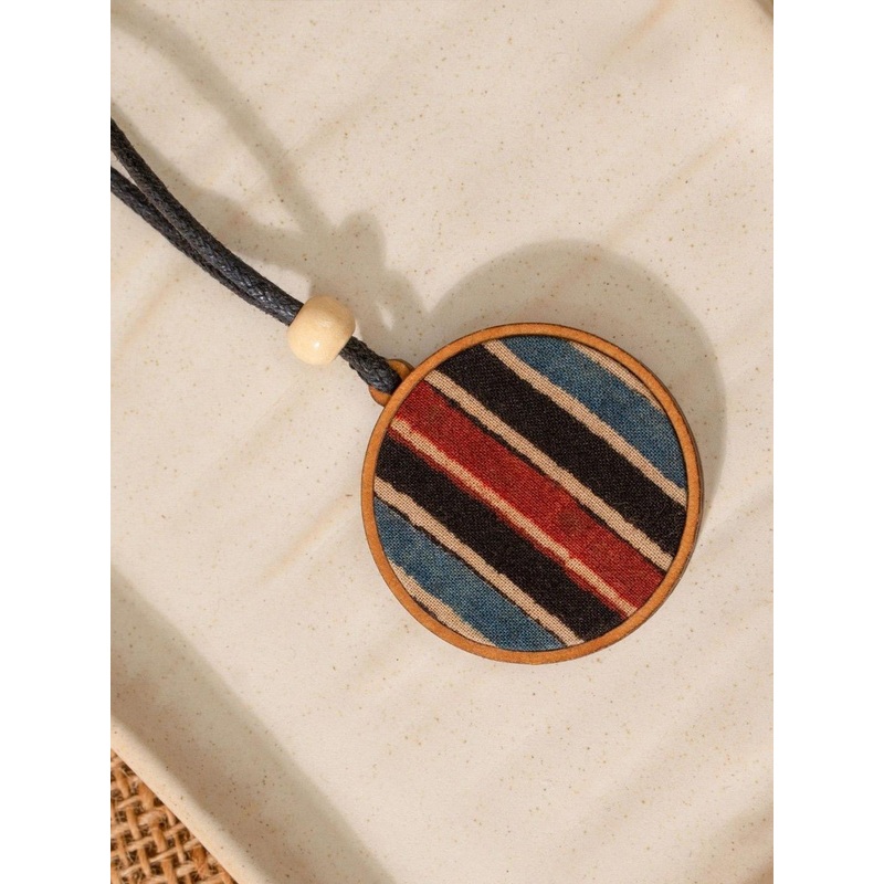 WHE Unisex Blue Round Repurposed Fabric and Wood Pendant