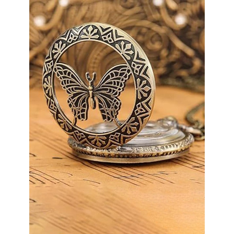 AUGEN Pocket Watch Butterfly 4 Retro Vintage Keychain With Key Ring