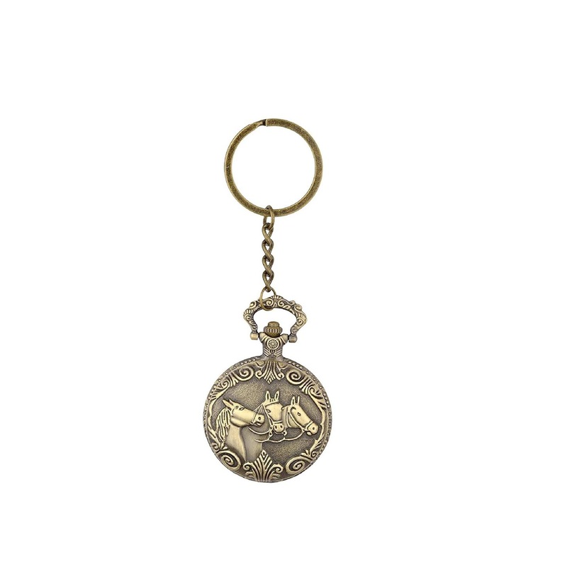 AUGEN Pocket Watch Horses Standing Retro Vintage Keychain With Key Ring