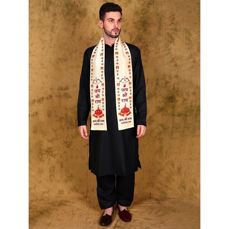 Exotic India Unisex Pearled-Ivory Sanatan Prayer Printed Wool Scarf
