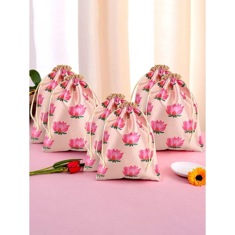 Kuber Industries Set of 6 Lotus Printed Potli Bags