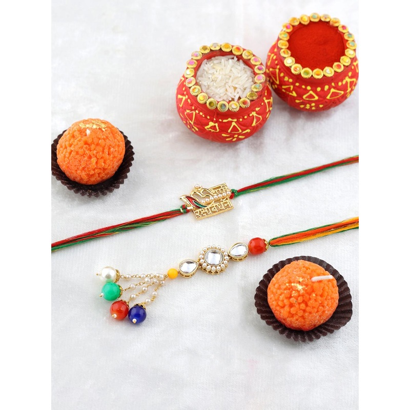 VIRAASI 2-Pcs Bhaiya Bhabhi Rakhi With Candle & Greeting Card & Roli Chawal