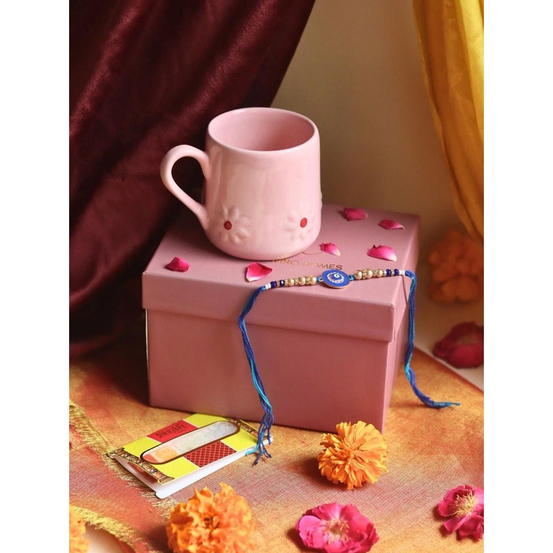 WEAVING HOMES Set Of 1 Rakhi With Pink lily Mug