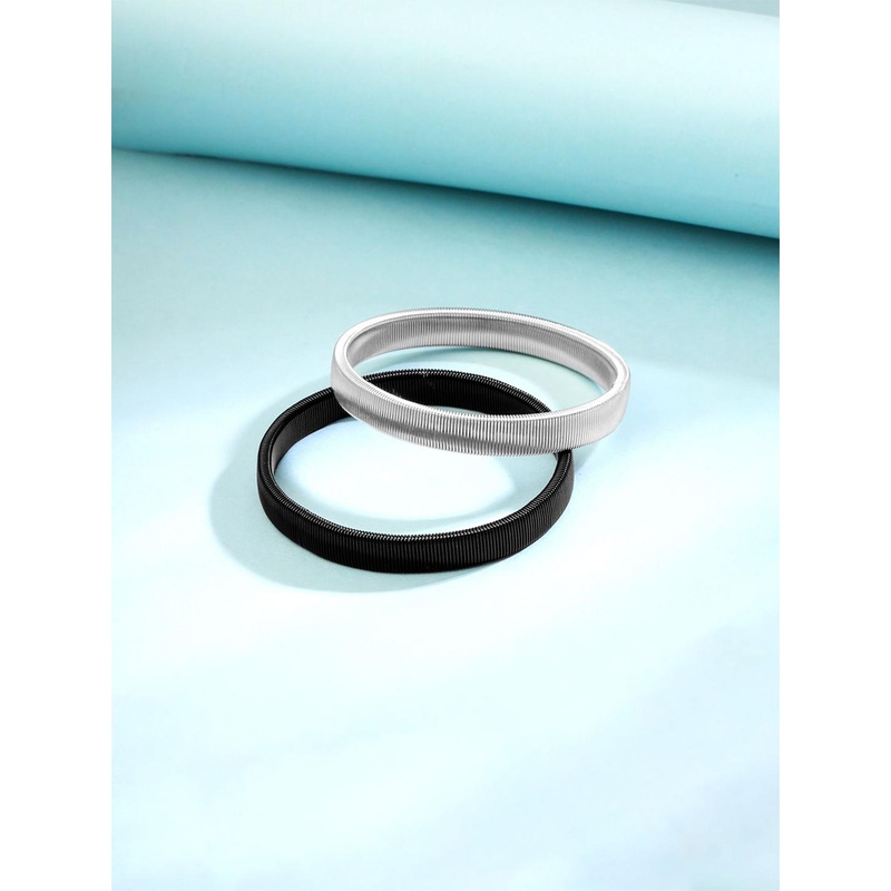 Yellow Chimes Men Set Of 2 Rhodium Plated Kada Elasticated Bracelets