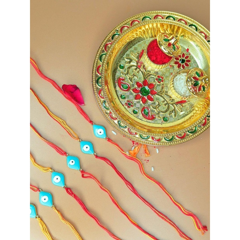 Anouk Set Of 6 Artificial Stones Studded Evil Eye Rakhis With Card And Pooja Thali