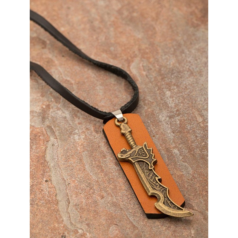 Dare by Voylla Men Gold-Toned & Rust Designer Sword Detailing Pendant With Leather Chain