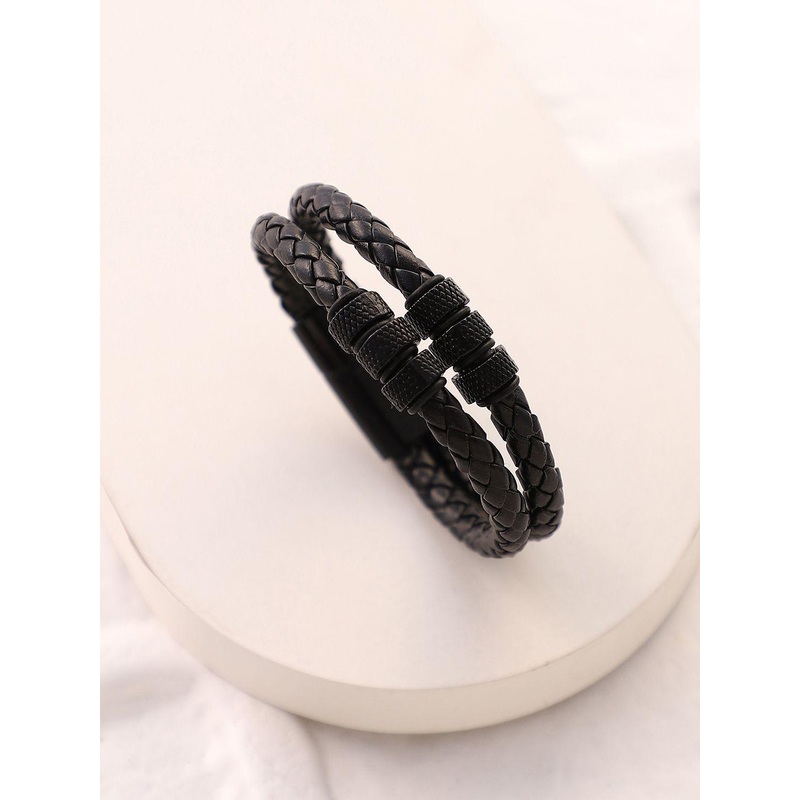 French Accent Men Barrel-Braid Leather Bracelet