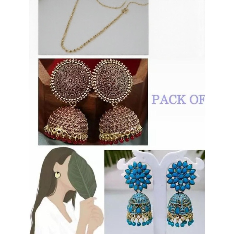 HHJEWELRY Unisex Pack of 2 Gold Plated Brass Jhumka Earrings